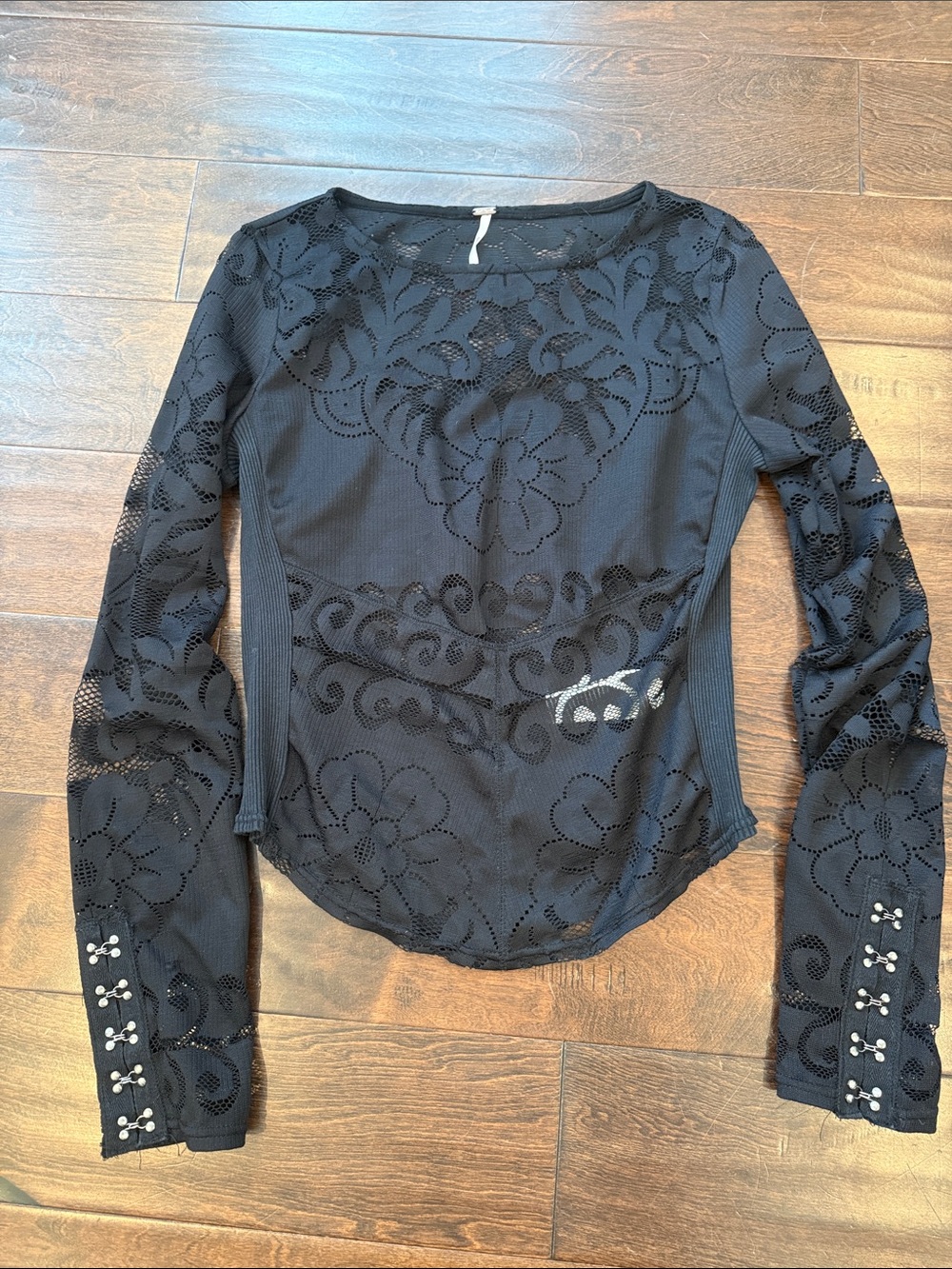 Free People Black Laser-Cut Floral Long Sleeve Tee